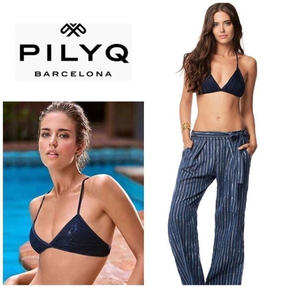 PILYQ Atlantic Navy Sequined Halter bikini top. - Picture 1 of 8
